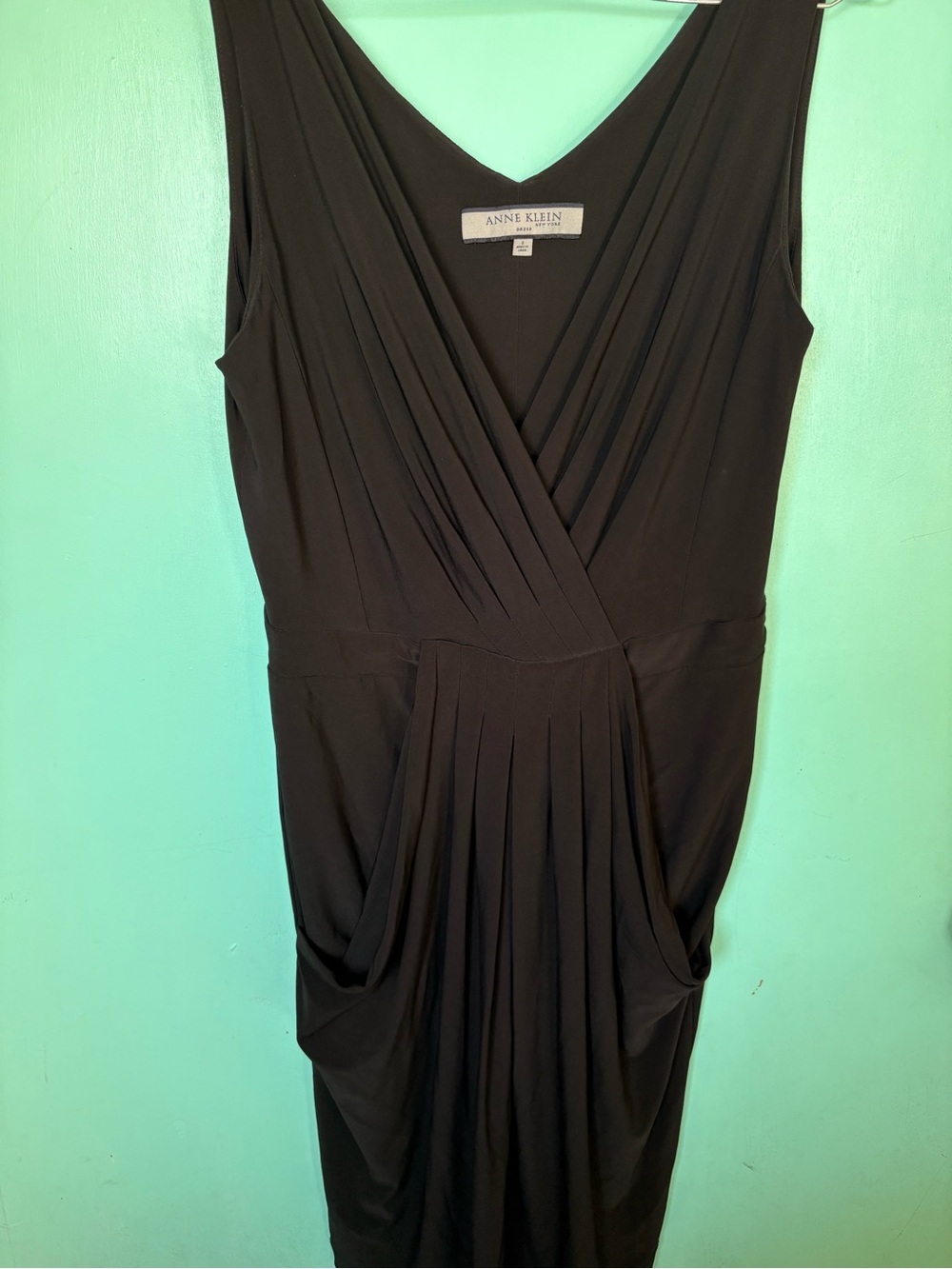 Anne Klein Black Sleeveless Faux-Wrap Pleated Midi Dress